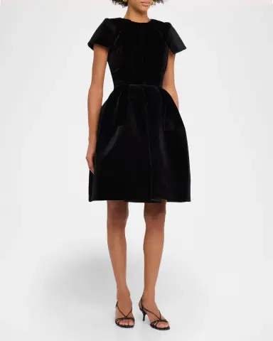 Dice Kayek Pleated Velvet Short-Sleeve Fit-&-Flare Dress | Thumbnail 4