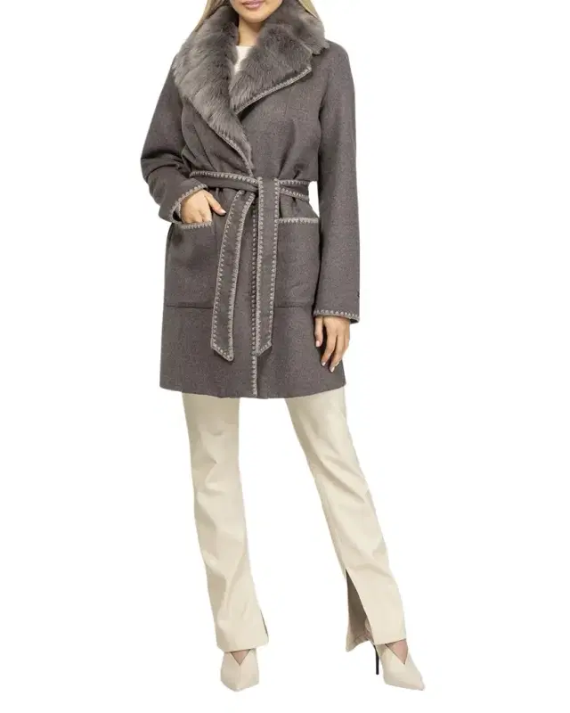 Belted Cashmere-Wool Stroller with Detachable Merinillo Lamb Shearling Collar