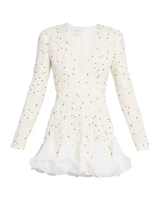 Polka-Dot Boucle Long-Sleeve Godet Mini Dress