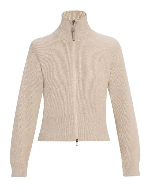 Brunello Cucinelli Sparkly Cashmere Rib Long-Sleeve Zip Cardigan