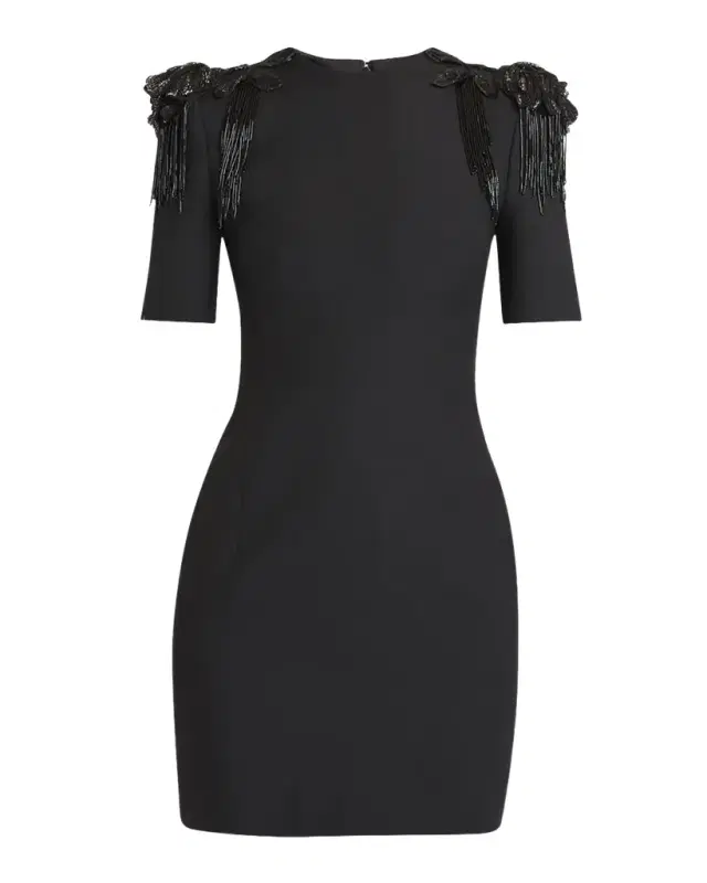 Embroidered Strong-Shoulder Crepe Mini Dress