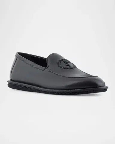 Giorgio Armani Men's Leather Monogram Slipper Loafers | Thumbnail 2
