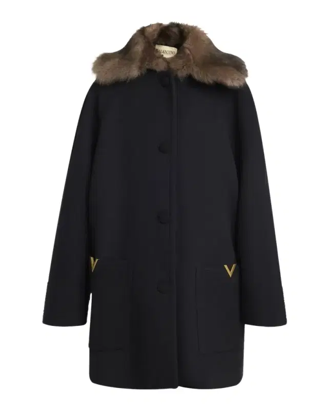 Valentino Garavani Sheep Shearling Collar Single-Breasted Wool Coat