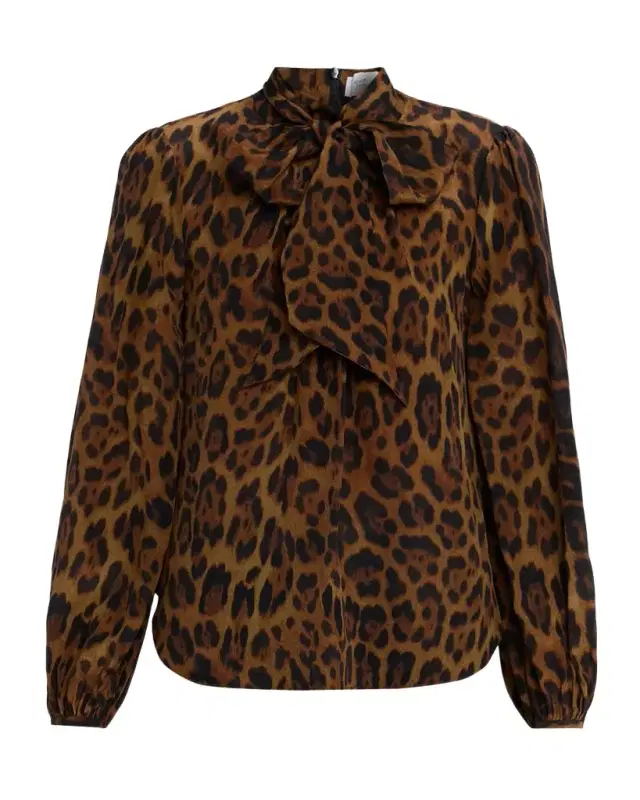 Joan Leopard-Print Silk Scarf-Neck Blouse