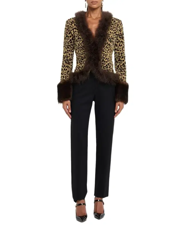Valentino Garavani Feather and Lamb Shearling Trim Metallic Leopard Jacket