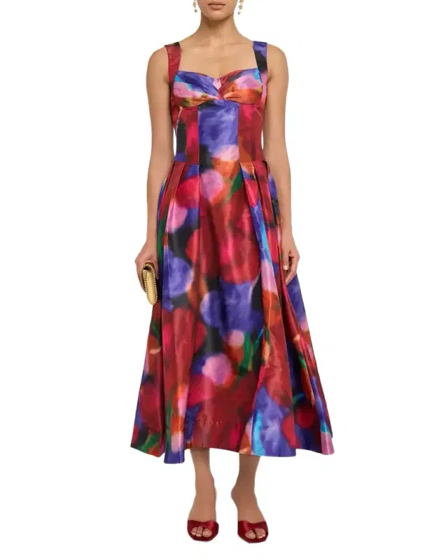 Cabaret Roses Pleated Sweetheart Midi Dress