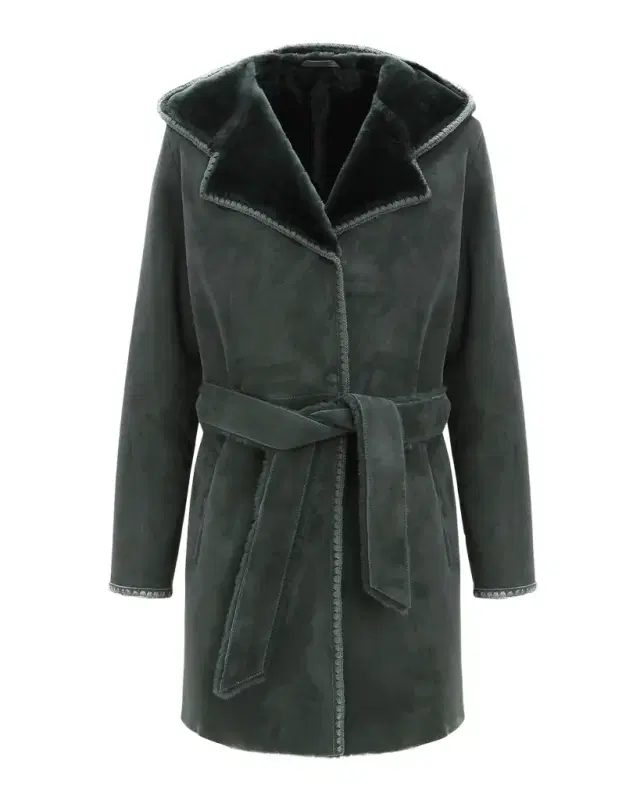 Merino Shearling Lamb Belted Parka With Embroidered Trim