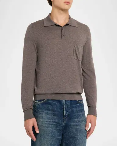 Saint Laurent Men's Fine Wool Knit Pocket Polo Sweater | Thumbnail 4 Saint Laurent Men's Fine Wool Knit Pocket Polo Sweater | Thumbnail 4