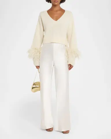 Lapointe Feather-Trim Cashmere Crop Sweater | Thumbnail 2