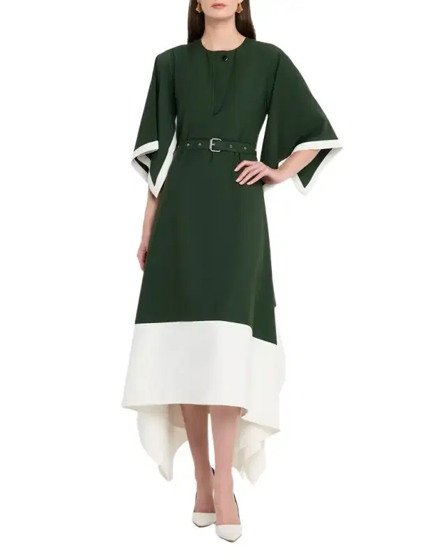 LOVEBIRDS Jade Belted Colorblock Handkerchief Midi Skirt