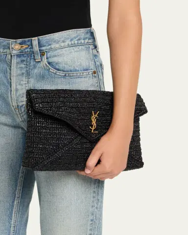 Saint Laurent Large Envelope Flap YSL Clutch Bag in Raffia | Thumbnail 2