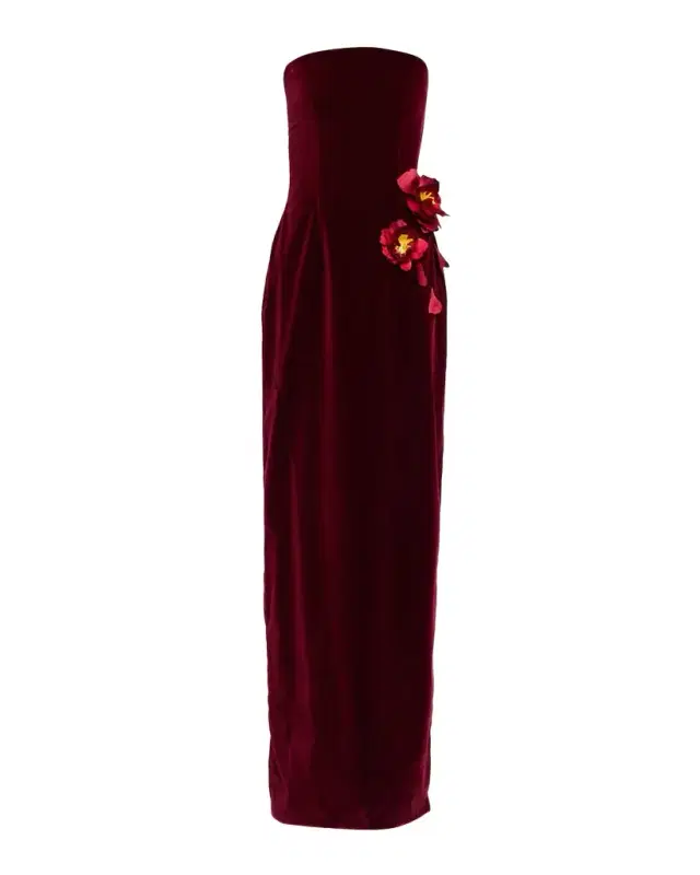 Strapless Flower Embroidered Velvet Gown