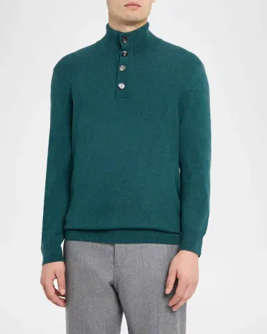 Brioni Men's Cashmere Knit Mock Neck Half-Placket Sweater | Thumbnail 3
