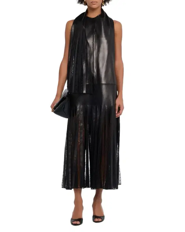 Brandon Maxwell The Blythe Lace-Inset Scarf-Neck Leather Maxi Dress