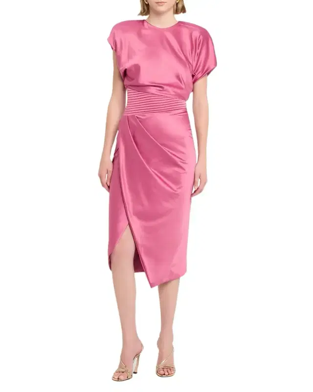 Zhivago Bond Draped Stretch Satin Midi Sheath Dress