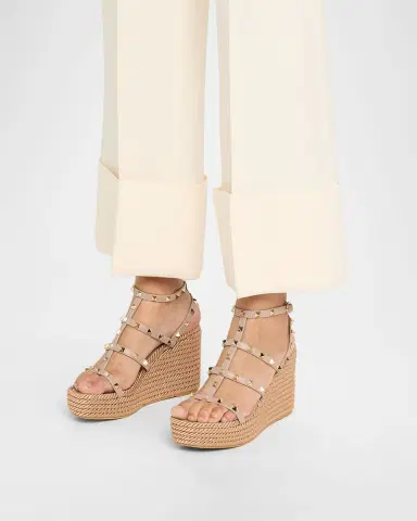 Valentino Garavani 95mm Rockstud Leather Wedge Espadrille Sandals | Thumbnail 2
