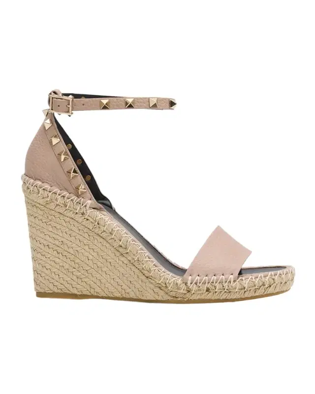 105mm Rockstud Leather Wedge Espadrille Sandals