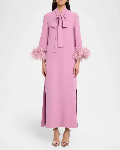 Valentino Garavani Feather-Trim Silk Crepe Long-Sleeve Midi Dress With Neck Scarf | Thumbnail 2 Valentino Garavani Feather-Trim Silk Crepe Long-Sleeve Midi Dress With Neck Scarf | Thumbnail 2