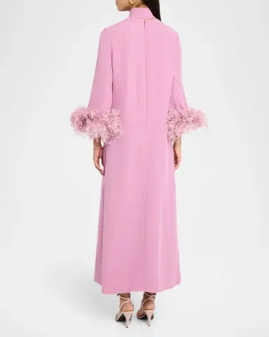 Valentino Garavani Feather-Trim Silk Crepe Long-Sleeve Midi Dress With Neck Scarf | Thumbnail 3 Valentino Garavani Feather-Trim Silk Crepe Long-Sleeve Midi Dress With Neck Scarf | Thumbnail 3