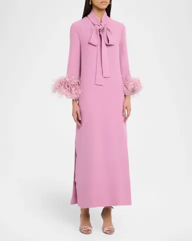 Valentino Garavani Feather-Trim Silk Crepe Long-Sleeve Midi Dress With Neck Scarf | Thumbnail 4 Valentino Garavani Feather-Trim Silk Crepe Long-Sleeve Midi Dress With Neck Scarf | Thumbnail 4