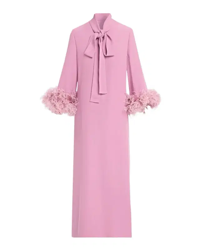 Feather-Trim Silk Crepe Long-Sleeve Midi Dress With Neck Scarf