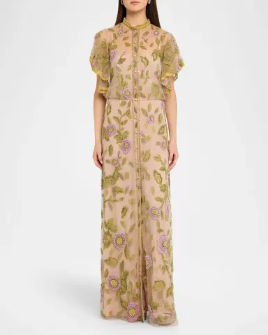 Valentino Garavani Floral Embroidered Flutter-Sleeve Gown | Thumbnail 2 Valentino Garavani Floral Embroidered Flutter-Sleeve Gown | Thumbnail 2