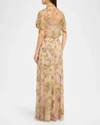 Valentino Garavani Floral Embroidered Flutter-Sleeve Gown | Thumbnail 3 Valentino Garavani Floral Embroidered Flutter-Sleeve Gown | Thumbnail 3