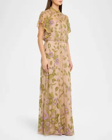 Valentino Garavani Floral Embroidered Flutter-Sleeve Gown | Thumbnail 4 Valentino Garavani Floral Embroidered Flutter-Sleeve Gown | Thumbnail 4