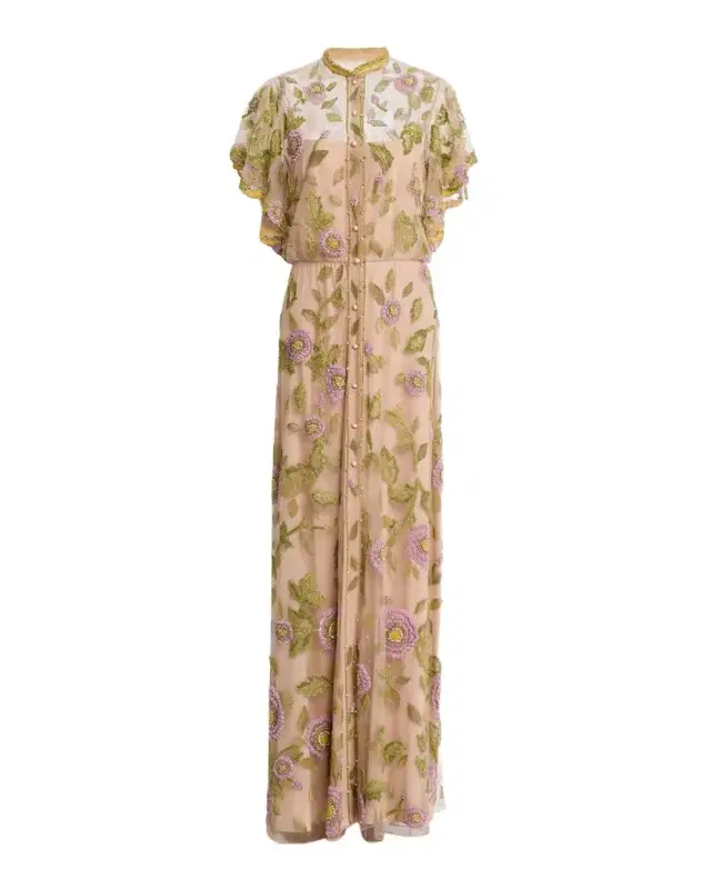Floral Embroidered Flutter-Sleeve Gown