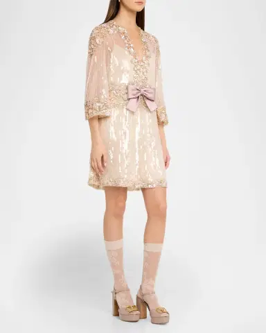 Valentino Garavani Bow-Front Long-Sleeve Sequined Tulle Mini Dress | Thumbnail 3 Valentino Garavani Bow-Front Long-Sleeve Sequined Tulle Mini Dress | Thumbnail 3