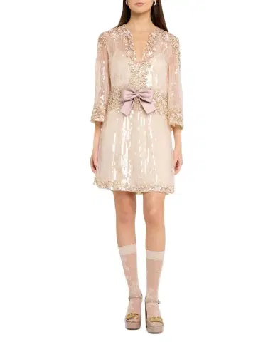 Valentino Garavani Bow-Front Long-Sleeve Sequined Tulle Mini Dress | Thumbnail 1 Valentino Garavani Bow-Front Long-Sleeve Sequined Tulle Mini Dress | Thumbnail 1