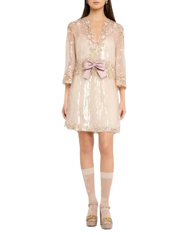 Valentino Garavani Bow-Front Long-Sleeve Sequined Tulle Mini Dress