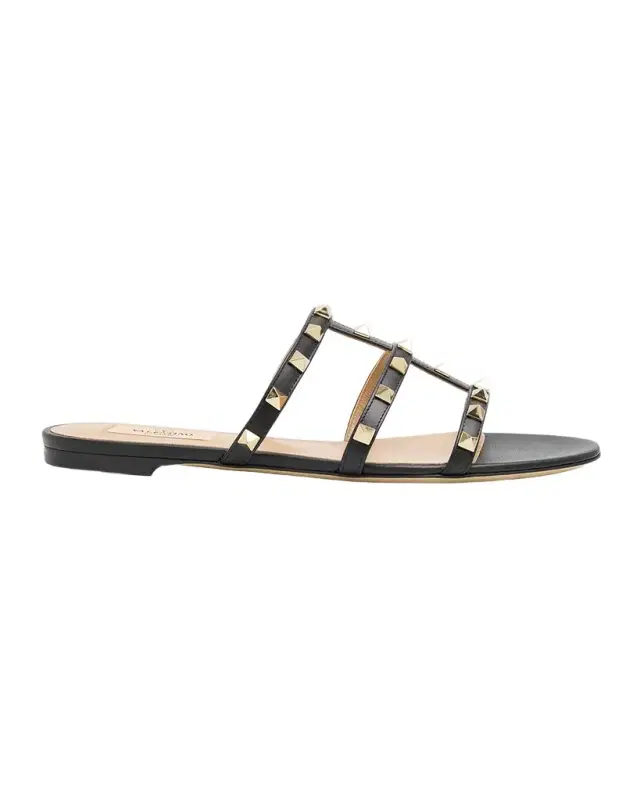 Rockstud Caged Leather Flat Slide Sandals