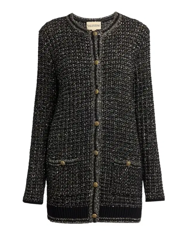 Paillette Knit Long Crewneck Cardigan