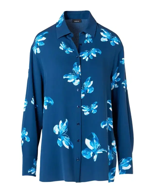 Butterfly-Print Silk Button-Down Shirt