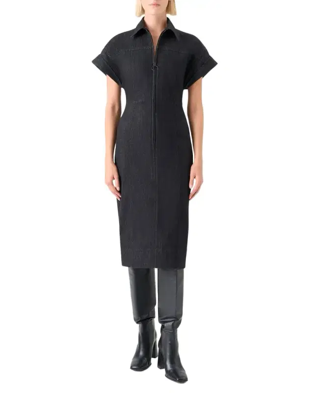 Denim Midi Dress with Polo Collar