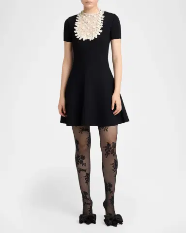 Valentino Garavani Lace Bib Short-Sleeve Mini Swing Dress | Thumbnail 2