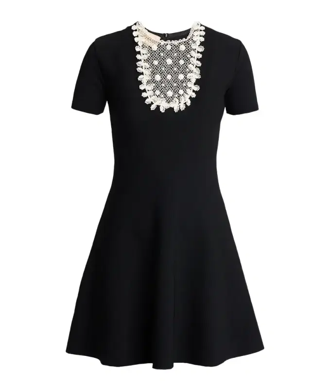 Lace Bib Short-Sleeve Mini Swing Dress