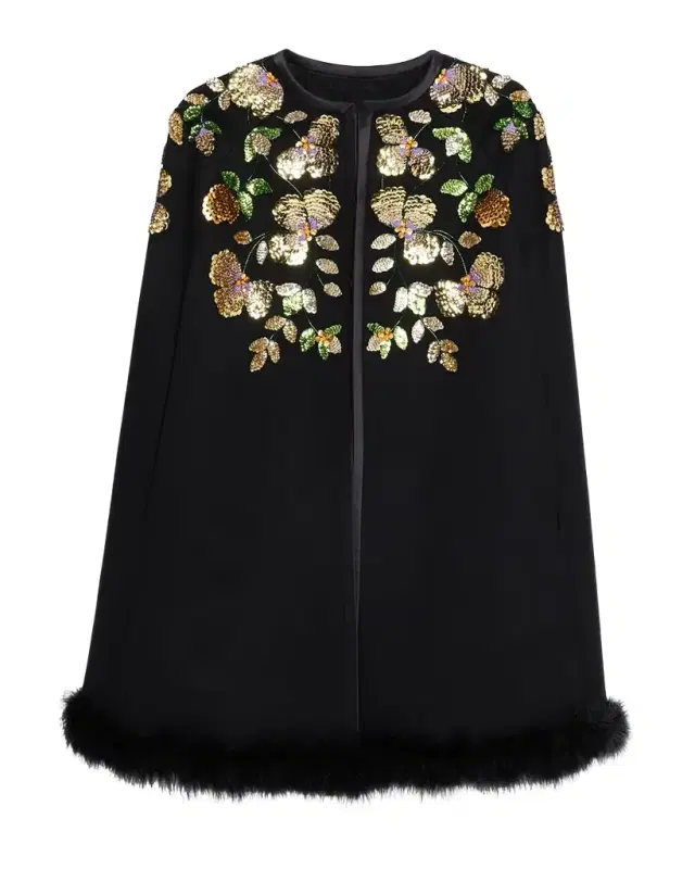 Embroidered Cashmere Cape With Feather Trim