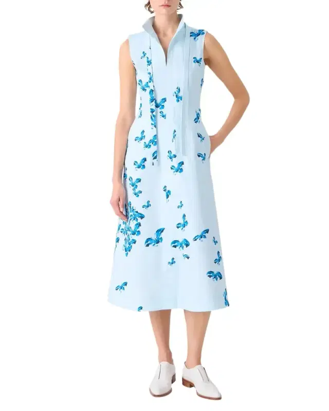 Butterfly-Print Cotton Sleeveless Midi Shirtdress