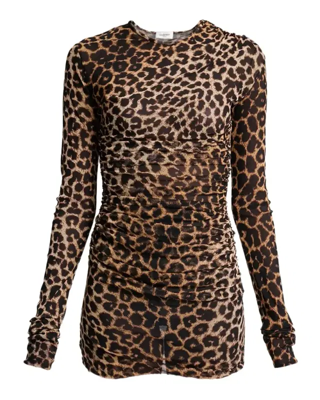 Leopard-Print Ruched Long-Sleeve Mini Dress