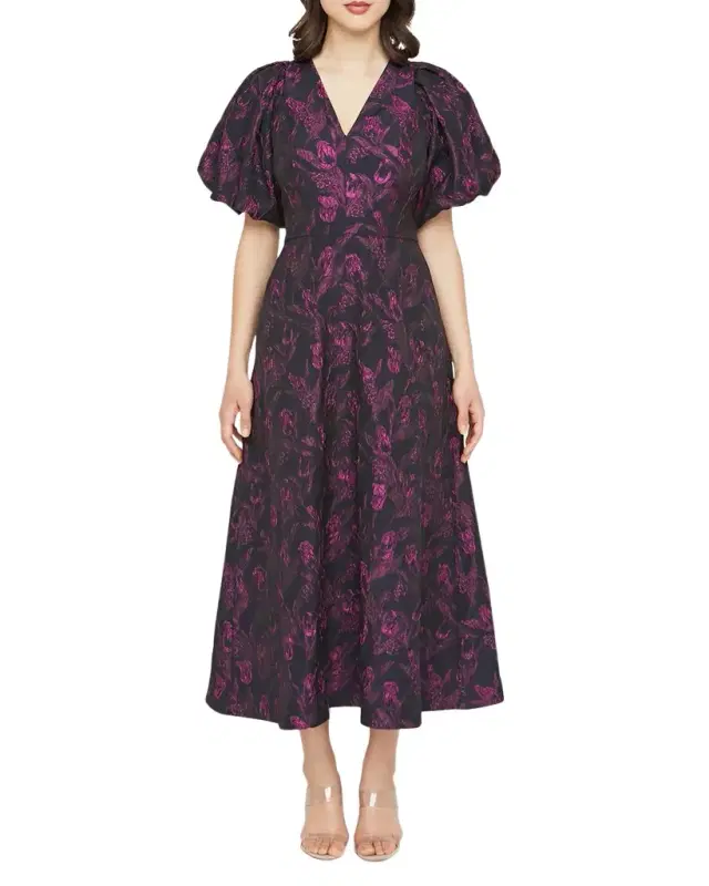 Kay Unger New York Grace Blouson-Sleeve Floral Jacquard Midi Dress