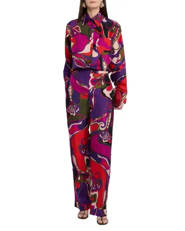 Orchidee-Print Silk Straight-Leg Pants