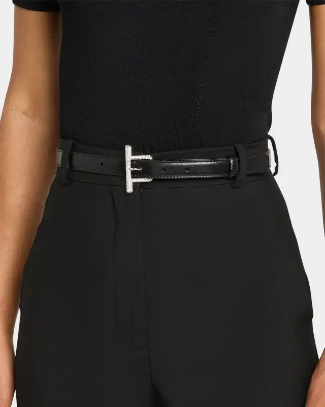Crystal T-Bar Leather Skinny Belt
