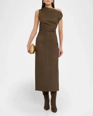 STAUD Phare Draped Leather Midi Dress | Thumbnail 2