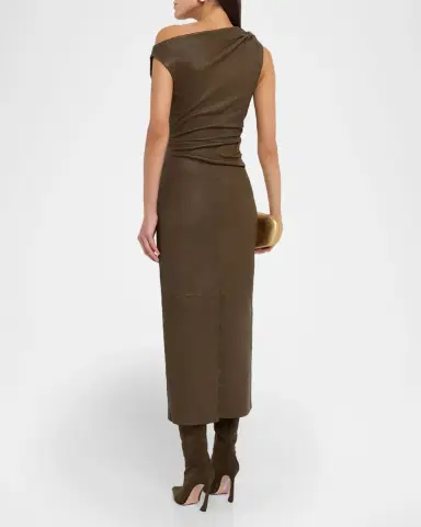 STAUD Phare Draped Leather Midi Dress | Thumbnail 3