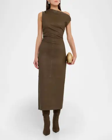 STAUD Phare Draped Leather Midi Dress | Thumbnail 4