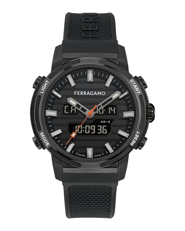Ferragamo Men 's 43mm Black Stainless Steel Silicone-Strap Watch