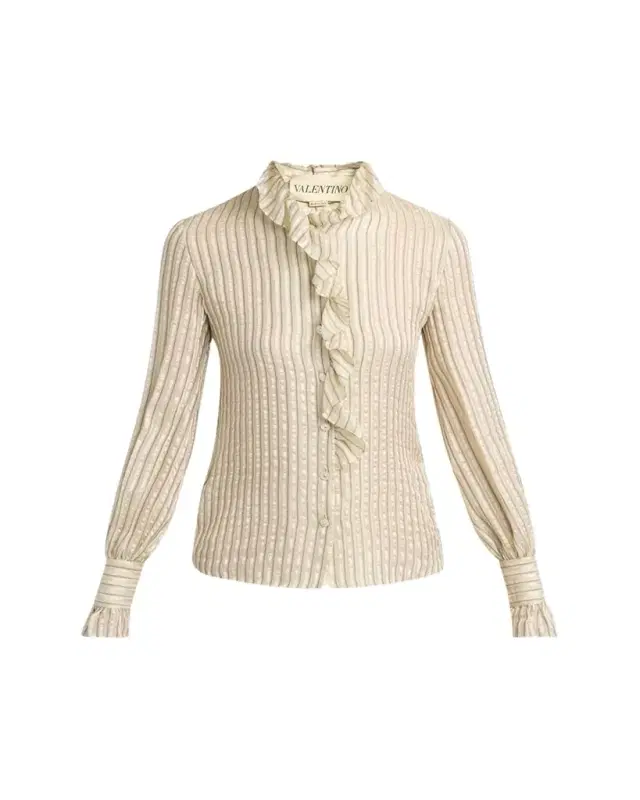Metallic Striped Ruffle Button-Down Shirt
