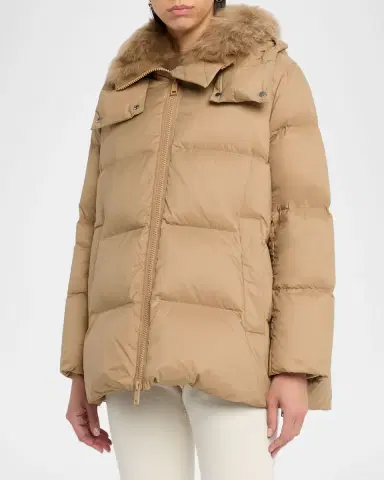 Yves Salomon Down Jacket with Removable Hood & Shearling Trim | Thumbnail 3